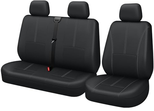 TOYOUN Universal Auto-Sitzbezüge für Transporter LKW Vorn Autositzbezüge Kunstleder Sitzbezug Fahrersitz + 2er Beifahrersitzbank Schonbezüge Schwarz
