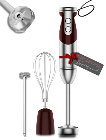 Miscelatore a mano con cavo ad immersione MegaWise Pro Titanio rinforzato 3 in 1, potente motore con lame più affilate dell'80%, frullatore a 12 velocità con cavo, incluso Whisk e schiuma di latte