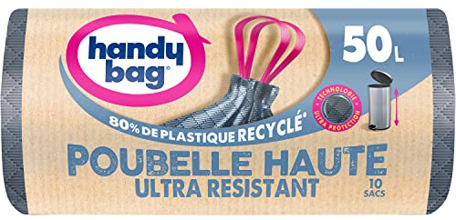 Handy Bag - Sacs poubelle pour poubelle haute à poignées coulissantes Ultra Résistant & Étanchéité maximale, 100% plastique recyclé, 1 rouleau de 10 sacs 50 L