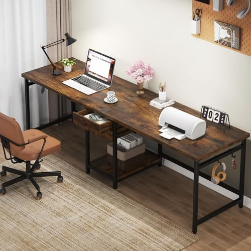 Tribesigns 200 cm Long Desk, Double Computer Desk with 2 Drawers, Two Person Desk Workstation with Storage Shelves, Writing Table Study Desk for Home Office, Rustic Brown