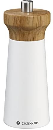 Zassenhaus Pfeffermühle WESTERLAND 14cm weiß, stufenloses Keramikmahlwerk | Gewürzmühle, Buchenholz weiß lackiert, Eichenholz-Mühlenkopf, für Pfeffer und getrocknete Kräuter, 25 Jahre Garantie