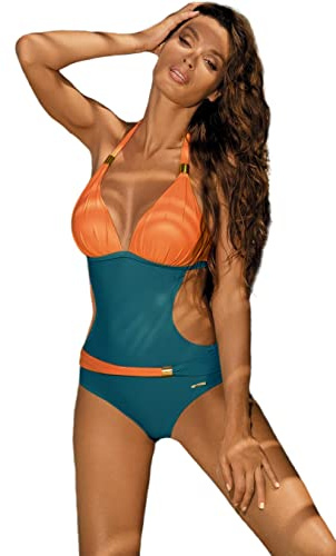 JFAN Dam One Piece V-Neck Top Halter Bikini Push Up Badkläder Färgblock Retro High Cut Monokini