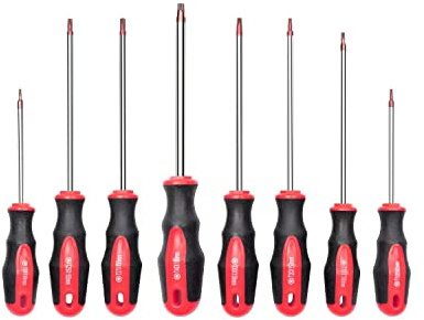 ROTATION 8PCS Magnetic Tip Torx Screwdriver Set, 8 Torx Star Screwdrivers, T8, T10, T15, T20, T25, T27, T30, T40 Red Tip | Red, Gloss, S2 Steel