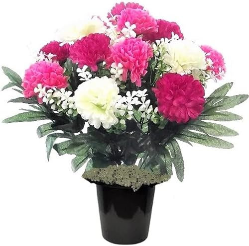 Memorial Grave Crem Pot Artificial Arrangement Pink Ivory Chrysanthemum with Moss for Graveside Cemetery Crematorium Gift for Birthday Mother's Day