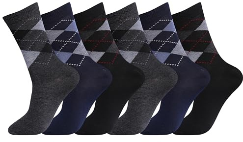COSHAL® 6 Dress Socks Mens Suit socks Cotton Rich Classic Suitable for Work Casual Wear Breathable Durable Smart Argyle Dress Soft Men Dress Socks Size (6-11) Argyle