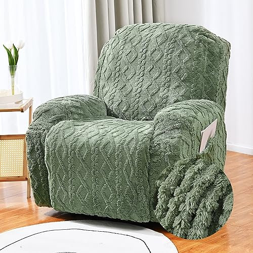 GEBIN Stretchhusse für Relaxsessel Komplett Sesselbezug, Jacquard Plüsch 4/6/8-Teilig Sesselschoner für Recliner Stuhl Sessel, Sofabezug, Bezug für Fernsehsessel Liege (Grün,1 Sitzer | 3 STK)