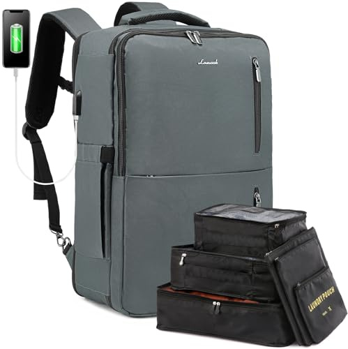 LOVEVOOK Rucksack Handgepäck, Abnehmbarer Reise Rucksack leicht mit Schuhfach, Wasserdichter Laptop Rucksack 17 Zoll Cabin max 55x40x20 Kofferrucksack für Flugzeug Urlaub Wandern, Dunkel-Grau