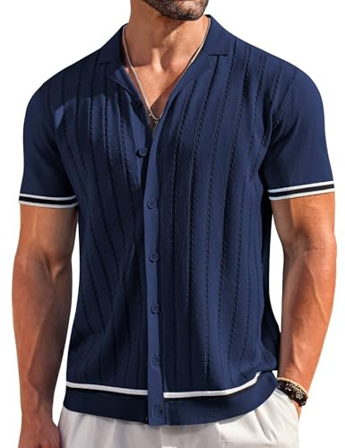 COOFANDY Men's Knit Shirt Short Sleeve Casual Button Down Shirt Vintage 90S 80S Knitted Beach Tops Navy Blue