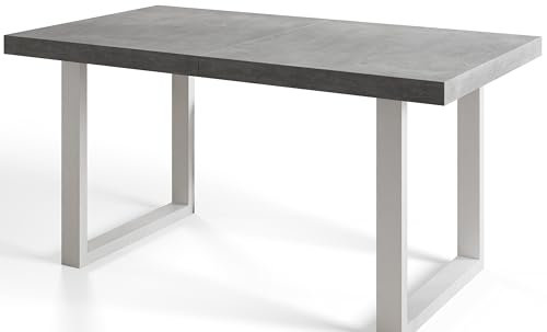 Industrieller Esszimmertisch LOFT-U, ausziehbarer Tisch, Größe: 120-220X80X77 cm, Wohnzimmertisch Farbe: Grau, mit Metallbeinen in Farbe Weiß