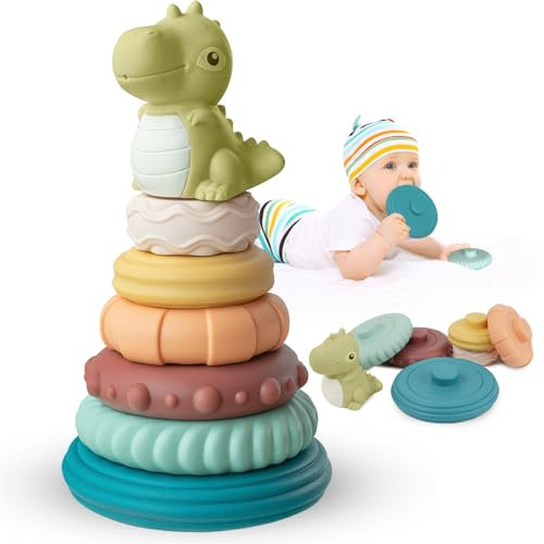 Fantocemea Baby Spielzeug 7 Stück Set, Montessori Early Learning Spielzeug, Grüner Kleiner Dinosaurier Stapelturm Baby, für 6 12 18 Monate Geschenk