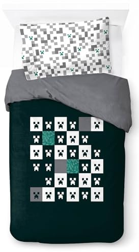 Minecraft Creeper Ensemble de Couette Simple à Carreaux 100% Coton - Parure de Lit Enfant Housse de Couette Coton - Taie d'oreiller 50 x 70 cm Incluse