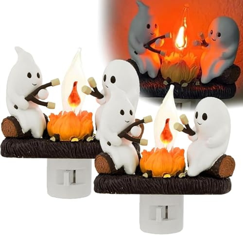Umikk Ghost Campfire Flickering Nigh tlight, 2024, süße Halloween-Geister-Nachtlichter,Geist Lagerfeuer Flackernde Nachtlicht, Kleine Plug-in-LED-Lampe, Halloween-Dekoration (2 Stück)