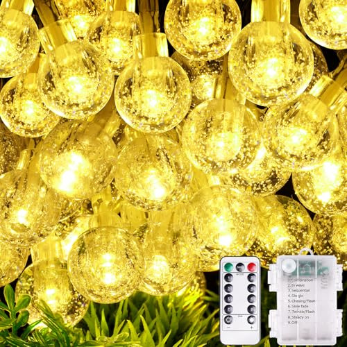 AUAUY LED Lichterkette Außen Batterie, 10m, 100 LED, 8 Modi, Warmweiß | Kristall Kugel Lichterkette mit Fernbedienung, Wasserdicht, für Weihnachten, Fenster, Treppen, Gärten, Pavillons, Hochzeiten