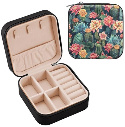 ALAZA Jewelry Boxes for Women Girls, Tropical Plants Cactus Small Travel Jewelry Box Portable Jewelry Storage Case Holder Box PU Leather For Rings Earrings Necklaces Gifts