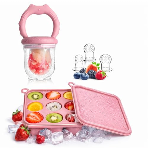 WeSweet Mangiatoia per dentizione per bambini dai 4 mesi in su, stampi in silicone per ghiaccioli con 3 ciucci extra, per sollievo dalla dentizione e alimentazione automatica dei bambini (gatto rosa)