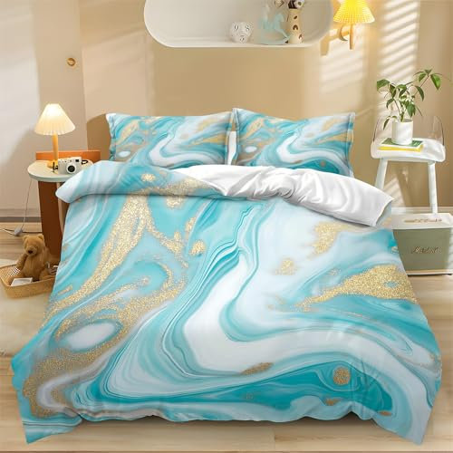 Generisch Bettbezug-Set 180 x 200 cm, Fantasy Türkis Marmor Streifen Bettbezug für, Bedruckte Blau Bettbezug mit 2 Kissenbezug, modisches Bettset für Jungen Mädchen