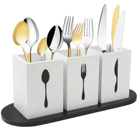 Gzsekken Kitchen Utensils Holder,4 Pcs Caddy Organiser for Countertop with Wooden Tray,White Cutlery Caddy Utensil Storagae Holder for Cooking Tools Spoon Fork Holder for Kitchen Parties