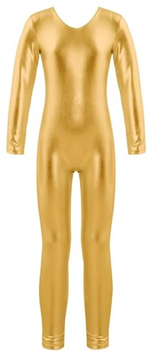 Miutii Traje de gimnasia para niños de cuerpo completo para niñas, brillante, de manga larga, traje de ballet, mono metálico, traje de competición, dorado, 158-164