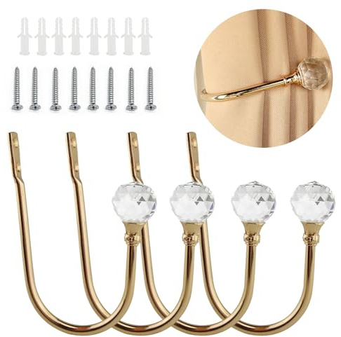 Coolnice 4 Pezzi Ganci Fermatende Decorativi Tenda Ganci Fermatende,a Muro Ganci a U Fermatenda, Diamante di Cristallo Metallo Supporto, per Soggiorno Camera da Ufficio Sala da Pranzo-Oro