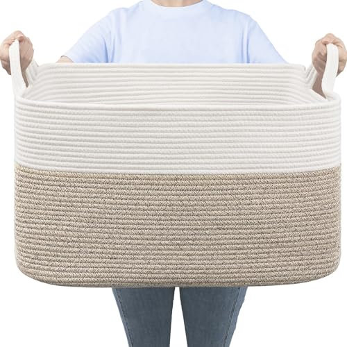 OXNSHEJW Storage Baskets, Large Storage Baskets, Woven Blanket Basket for Living Room, Cotton Rope Basket with Handles for Laundry, Shelves, Bathroom, Bedroom, Toys, 63L