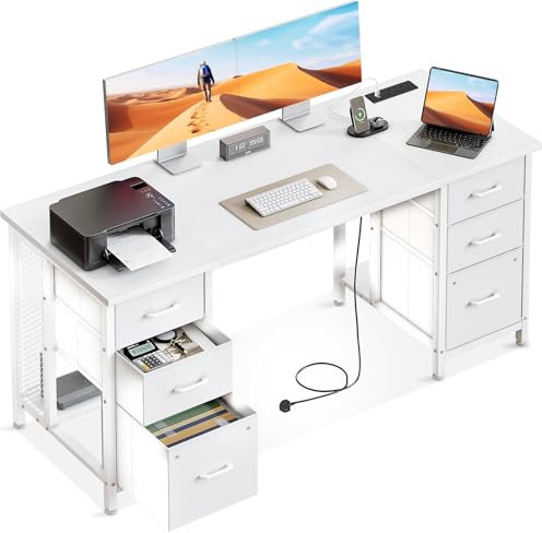 Coleshome Computer Desk with 6 Drawers, 160x52 cm Office Desk with Sockets & USB Ports, Study Table for Home Office, White