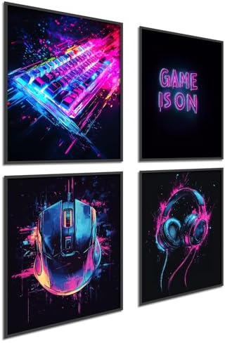Donari Poster Gaming 4er-Set - Gaming Bild als Deko für Gamingzimmer - Wand Dekoration für Zocker Zimmer Led Optik Set A4 Bilder mit oder ohne Rahmen (Motiv 3, 21x30 cm, Ungerahmt)