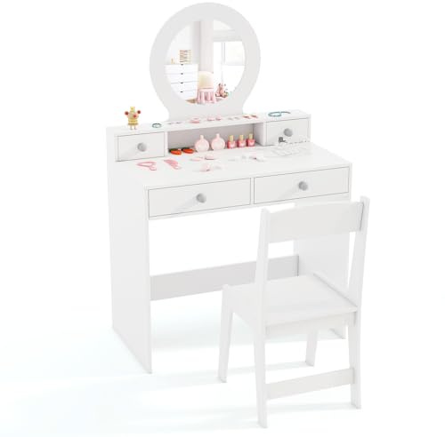 COSTWAY Kids Vanity Table and Chair, Girls Dressing Tables with Mirror, Open Shelf and 4 Storage Drawers, Make Up Pretend Dresser Desk Stool Set for Toddlers (White)