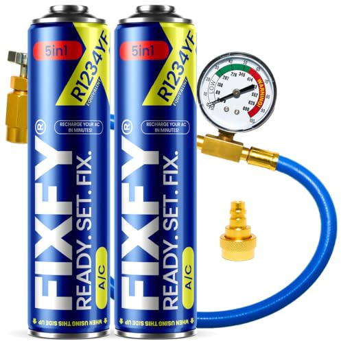 FIXFY 5 en 1 – Kit completo: manguera con manómetro y adaptador + 2× refrigerantes de repuesto R1234YF (aceite, sellante, desecante, colorante UV) – para vehículos a partir del año de fabricación 2017