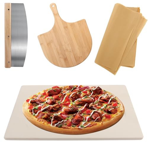 LDHHYH Rectangle Pizza Stone Set, Large Cordierite Pizza Stone (38x30x1.5cm) with Pizza Cutter, Bamboo Peel and 10 Parchment Papers, Grill Baking Stone for Home and Outdoors Pizza Accessories