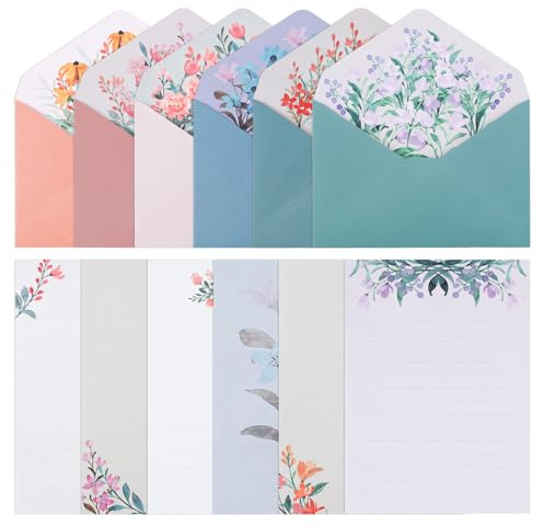 Diakey Briefpapier und Umschläge, 72 Stück, 48 Briefpapier + 24 Umschläge, niedliches hübsches Blumen-Schreibwaren-Set für Liebesbrief, Party-Einladung, Brieffreund, 6 Stile