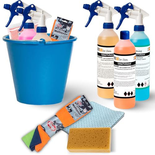 Kit de limpieza para coches – 5 botellas de 750 ml con pulverizador – incluye champú, limpiador de llantas, abrillantador neumáticos, salpicadero, cristales, bayetas microfibra, esponja y cubo