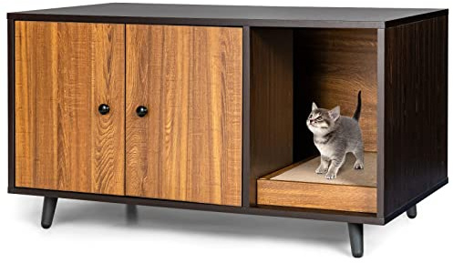 FANTASK Maison latérale 2 en 1 pour chat, table et armoire pour chat avec 2 portes, table basse et bac à litière en bois, grotte pour chat avec design étanche, bonne circulation de l'air, 90 x 50 x 50