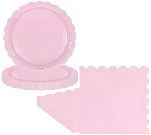Lot de 50 assiettes et serviettes en papier rose festonné pour anniversaire, dessert, gâteau, serviettes, vaisselle jetable pour elle, lui, fille, femme, fête prénatale