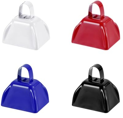 HEYLEAYAR Kuhglocken-Set für Sportveranstaltungen, 7,6 cm, 4 kleine Kuhglocken, lauter Geräuschmacher mit Griff für jubelnde Fußballspiele, Marathon, Hochzeiten, Party, Geräuschmacher, Weiß & Rot