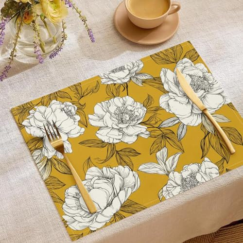 Set Di 2 Tovagliette Lavabili Peonia Dipinta A Mano Tovaglietta Con Piante Astratte Resistenti Al Calore, Sottopiatti Giallo Senape Facile Pulizia Antiscivolo Per Tavolo Da Cucina, 45X30Cm