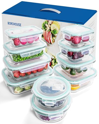 BOROHOUSE 10-Pack Glass Meal Prep Containers with Snap Lock Lids - Bake, Store & Reheat (310ml-1500ml) - Stackable, BPA-Free, Oven Safe up to 510°C, Perfect for Lunch Box & Batch Cooking