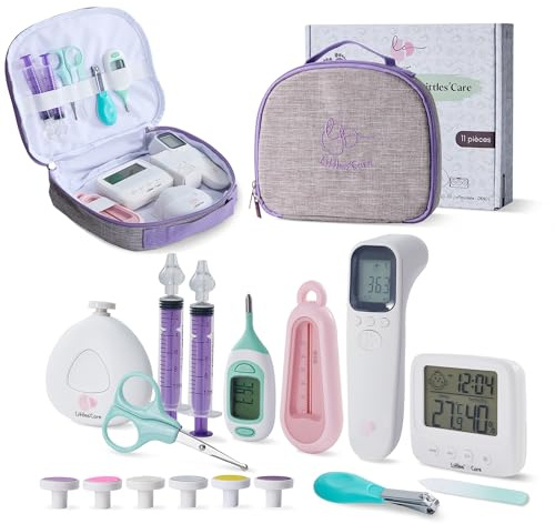 Estuche de aseo cuidado bebé: termómetro frontal, mosca bebe jeringa nasal, termómetro interior y baño, lima lijadora de uñas, estuche de nacimiento completo (termómetro de baño rosa)