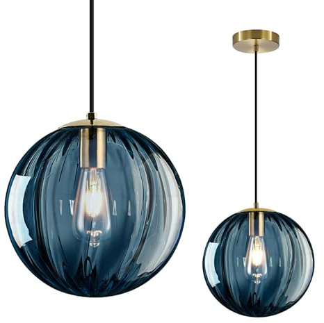 Modern Blue Glass Pendant Light, Kitchen Island Lighting Single Globe Pendant Light Fixtures Century Kitchen Island Pendant Lighting for Bedroom Living Dining Room Light Fixture （Without Bulb）