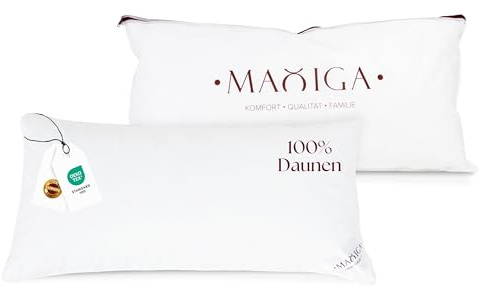 maxiga Daunenkissen 40x80 cm | 100% Daune | Füllgewicht 750g | Für Allergiker geeignet | Oeko-TEX-Zertifikat Klasse 1 | Atmungsaktiver, Baumwollbezug