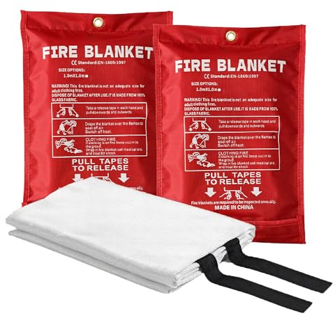 Oruiiju 2 Stück Löschdecke für küche - 1 m x 1 m Sicherheit Glasfaser Brandschutzdecke, Wiederverwendbare Notfeuerschutzdecke für Küche, Barbecue, Auto, Camping