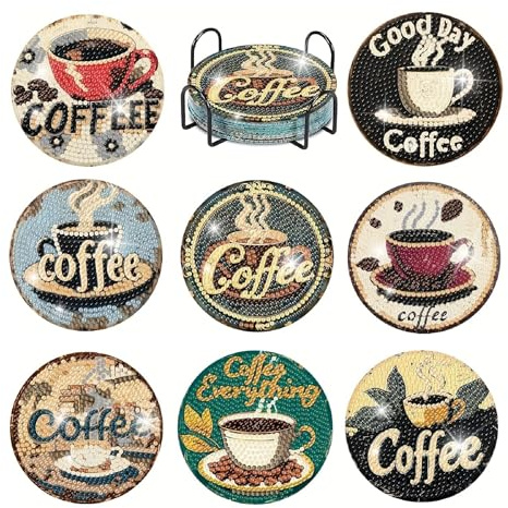 8Stück Kaffeetassen Untersetzer Set Diamantmalerei mit Halter Acrylmaterial | Diamond Painting Untersetzer DIY-Diamant-Untersetzer-Set für Anfänger, Erwachsene & Kinder Büro, Zuhause und Küche