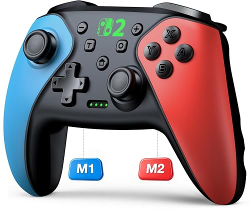 BEBONCOOL HOTS Switch Controller,Pro Controller Wireless für Switch 2/Switch 1/Lite/OLED–Aufwachfunktion/Macro/6-Achsen-Gyroskop/Turbo/Dual Vibration/1000mAh Akku,Ergonomisch Präzise Joystick Blau-Rot