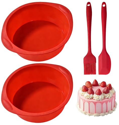 2PCS 6 Inch Silicone Cake Mould, Silicone Cake Tins with Scraper Brush | Round Trays Non-Stick Quick Release Baking Moulds for Cheesecake Bread Desserts Baking Pan(Red)