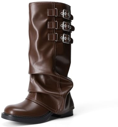 DREAM PAIRS Fold-over Knee High Fashion Boots for Women,Brown,11 | Adjustable Buckle,Low Chunky Heel,Comfort Slouchy Boots,Festival Party Going Out Looks,Long Tall Fashion Casual Boots