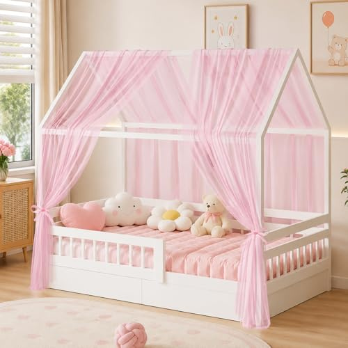 Meenewching Betthimmel für Hausbett, 2 Stück Kinderzimmer Himmel 350x150cm, Hausbett Himmel aus Baumwoll-Musselin, Weich und Atmungsaktiv, Deko und Verschönerung für Jungen- und Mädchenbett, Rosa
