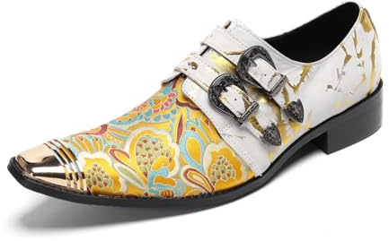 Yhsdfcn Bröllopsskor för Herrar Lyx - Äkta Läder med Brokadbroderi - Handgjorda Double Monkstrap-skor med Metalltå,White,44 EU