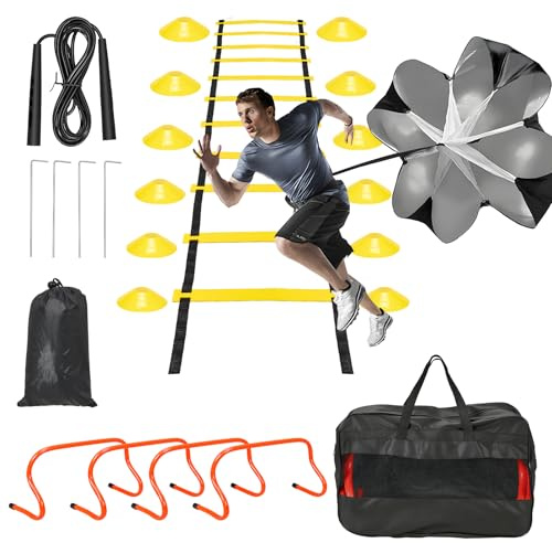 Kit d'entraînement de football complet avec échelle de coordination (6 m), 12 cônes, obstacles amovibles, corde à sauter, bandes de résistance et parapluie de résistance, accessoire d'entraînement