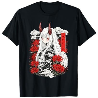 Anime Oni Ragazza Giapponese Kanji Ragno Giglio Fiori Harajuku Maglietta