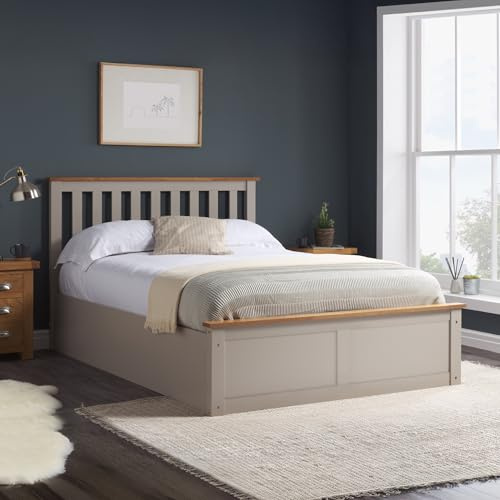 happybeds Phoenix Pearl Grey Wooden Ottoman Storage Bed, 4ft Small Double | 4ft Small Double, Wooden Ottoman Storage Bed, Slatted Headboard, Gas-Lift Storage, Pearl Grey, Sprung Slatted Base