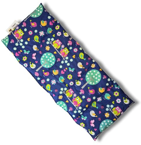 Franzis Nähstube 50x20cm Dinkelkissen Eule blau in 100% Baumwolle I Körnerkissen Dinkel 50x20 für Mikrowelle I Wärmekissen, Dinkelkernkissen, Nackenwärmekissen